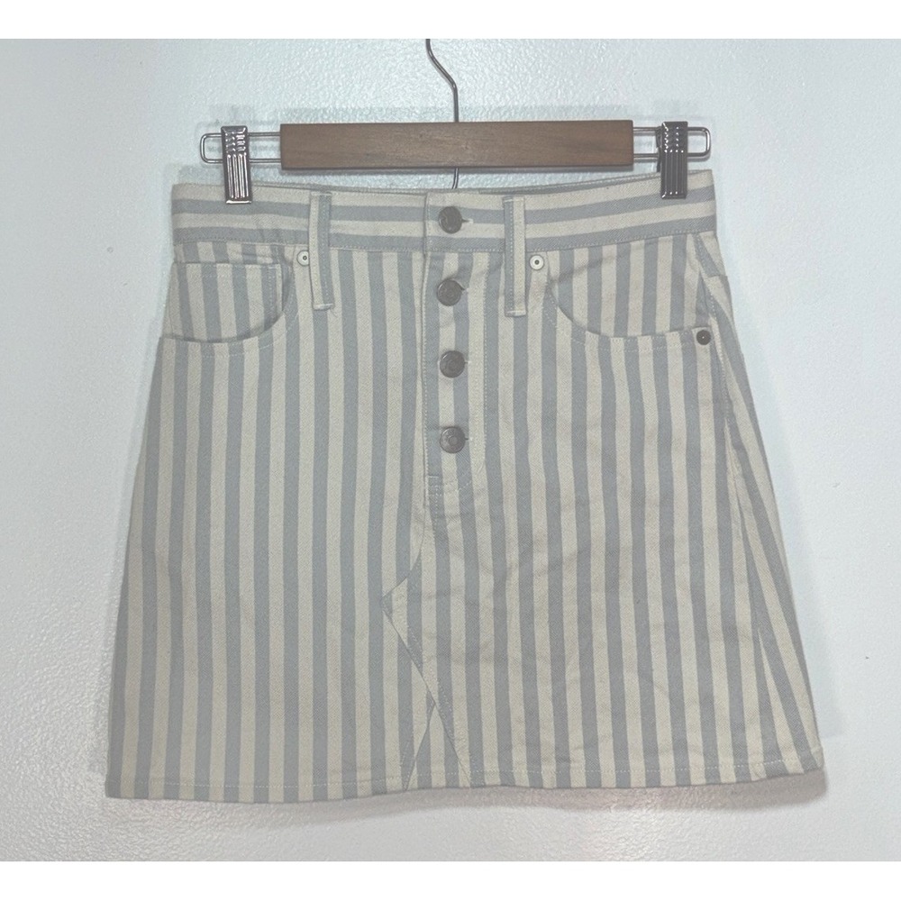 Madewell Stretch A-Line Mini Skirt Sz 25‎ Cream Blue Pompano Stripe Button L4493